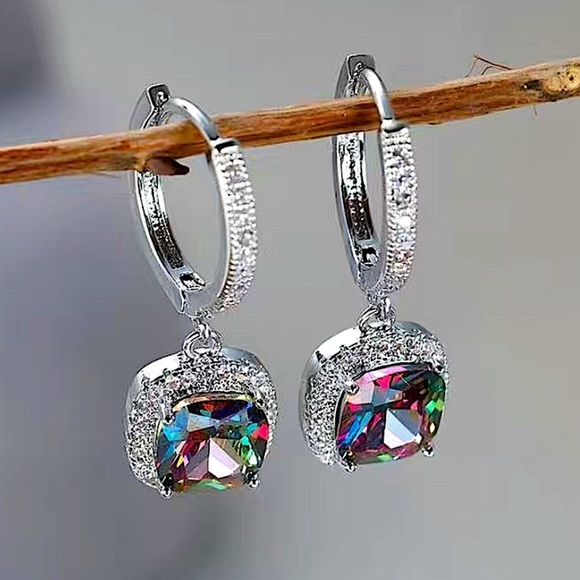 Jewelry - Mystic Topaz White Gold Plated Square Cut Zircon Dangle Earrings